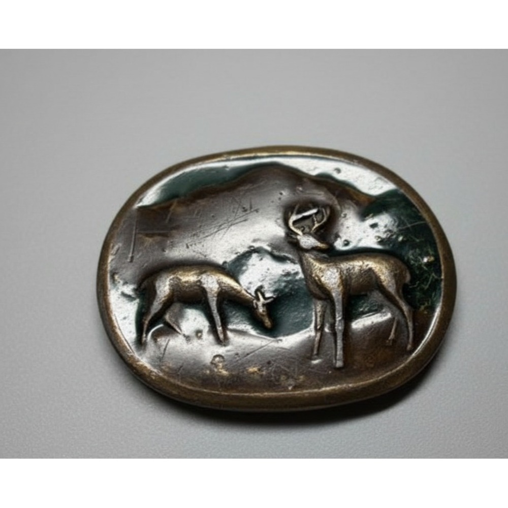 Vintage Indiana Metal Craft Oval Belt Buckle Deer Landscape Scene Standing
